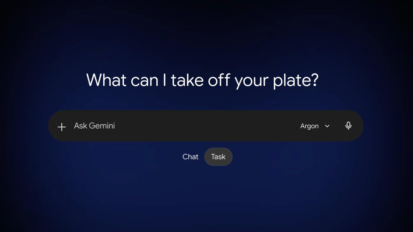 Google official Gemini Argon interface with Chat and Task options beneath the prompt field