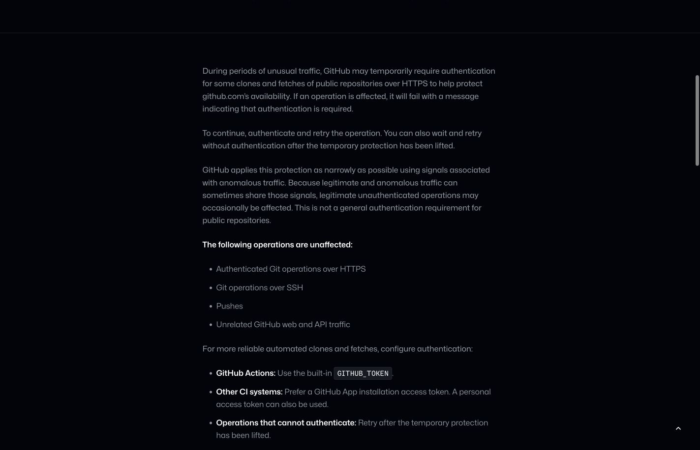 Original GitHub notice explaining temporary clone protections and listing unaffected operations