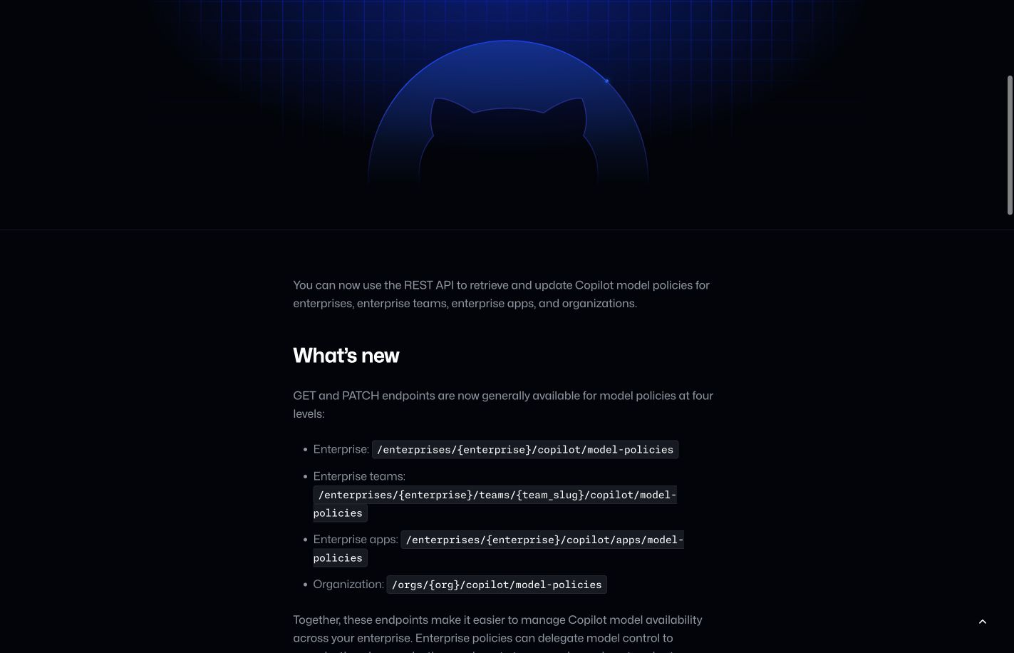 Original GitHub changelog excerpt listing the four model-policy REST API paths