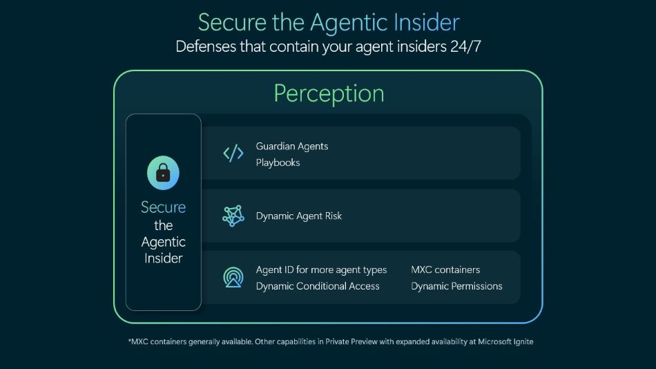 Microsoft official Project Perception diagram with guardian agents, dynamic risk, identity, conditional access and a private-preview footnote